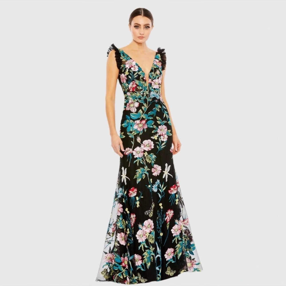 MAC DUGGAL 68273 Embroidered Floral Plunge-Neck Trumpet Gown Black Multi Sz 4